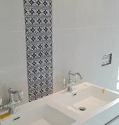 Bathroom Renovation. Installed Push-Plate, Wall hung Toilet System, Bath, Walk-In Shower and He/She basin