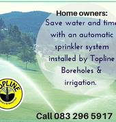 Sprinkler systems installed by Topline Borehole & Irrigation.    Save water and time with an automatic sprinkler system installed by Topline Boreholes & irrigation.   Achieve long-term savings while enjoying greener and healthier landscapes.     • No more