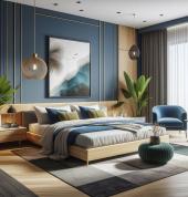 Royal Blue and oak bedroom