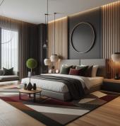 Black and oak bedroom