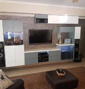 TV unit with LED lights, high gloss white and grey with tinted glass doors