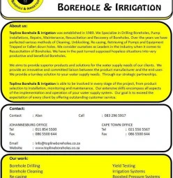 SERVICE IN THE GAUTENG BOREHOLE INDUSTRY  Services we offer include:     • Borehole Drilling     • Borehole Pump Installations     •  Borehole Repairs     • Borehole Maintenance     • Borehole Cleaning     • Borehole Recovery     • Irrigation Systems