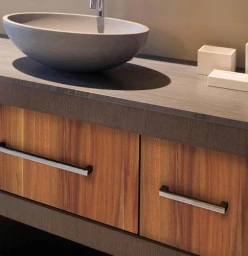 We design and install ultra-modern bathroom vanities with counter tops and storage